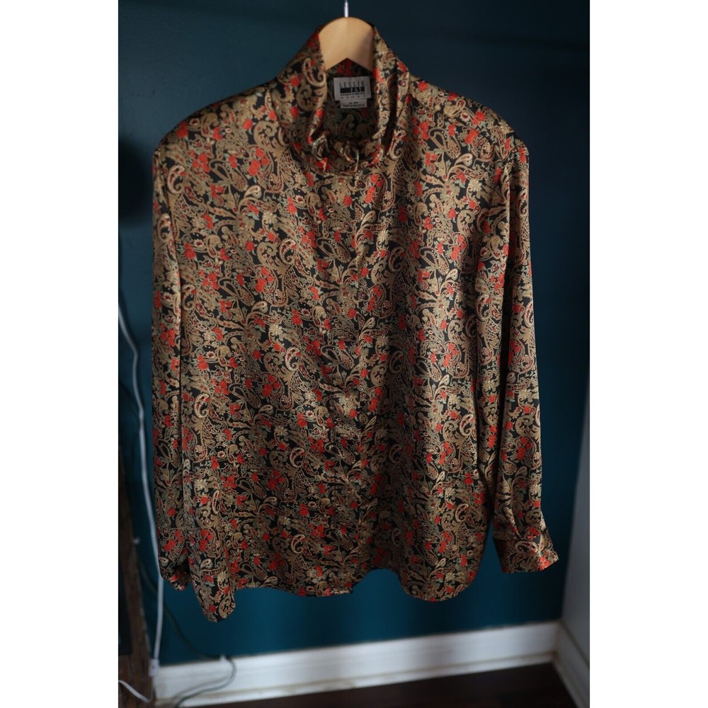 Vintage Leslie Fay printed floral Rose paisley banded collar Silk button up 18W